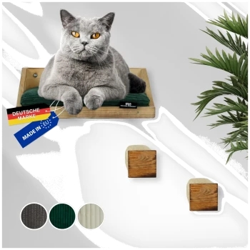 Graue Katze mit bernsteinfarbenen Augen ruht auf einem hölzernen wandmontierten Regal mit grünem Kissen, Etiketten sagen "Deutsche Marke" und "Made in EU".