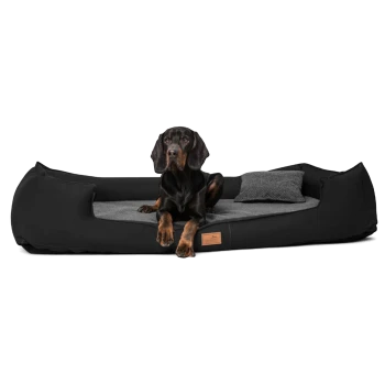 Schwarz-brauner Hund liegt auf einem großen schwarz-grauen Haustierbett mit passendem Kissen und einem Leder-Markenetikett.
