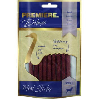 Deluxe Meat Sticks 90g Strauß Premiere Deluxe Fleischstangen für Haustiere, mit einer goldenen Straußsilhouette, mit Text, der 'weich' und 'Leckerli' auf Deutsch angibt.