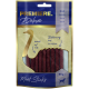 Bâtonnets de viande Premiere Deluxe pour animaux de compagnie, présentant une silhouette d'autruche dorée, avec un texte indiquant 'doux' et 'friandise' en allemand.