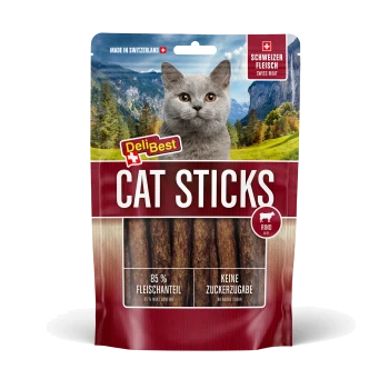 DeliBest Cat Sticks-Rind-Tasche mit grauer Katze und Schweizer Motiv; Text: 'CAT STICKS', '85% Fleischanteil', 'Keine Zuckerzugabe'