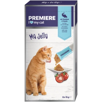 Katzenfutterbox: rotgetigerte Katze, Sachet mit der Aufschrift PREMIERE; sichtbarer Text 'PREMIERE I ♥ my cat', 'My Jelly', 'mit Thunfisch & Tomate'.