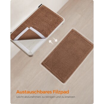 Abnehmbares braunes Filzpad für Haustierprodukte, mit dem Text: 'Austauschbares Filzpad - Leicht abzunehmen, zu reinigen und zu ersetzen.'