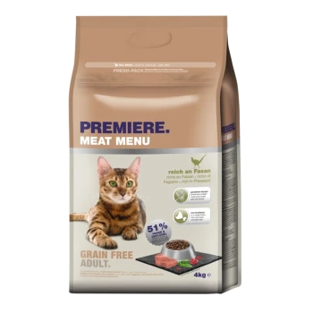 Sac de nourriture pour chat étiqueté 'Menu Viande Première', présentant un chat Bengal, indiquant 'Sans Céréales' et '51% Faisan & Volaille.'