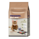Eine Katzenfuttertüte mit der Aufschrift 'Premiere Meat Menu', die eine Bengal-Katze zeigt, mit den Angaben 'Getreidefrei für Erwachsene' und '51% Fasan & Geflügel'.