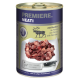 Dosen-Tierfutter mit dem Etikett 'Premiere. Meati', das Stücke von Rentierfleisch enthält, mit einem Messer und dem Text 'für Fleischliebhaber.'