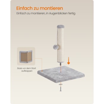 Grauer, plüschiger quadratischer Katzenkratzbaum wird montiert: Sisalstange mit hängendem Pompom; Text 'Einfach zu montieren'.