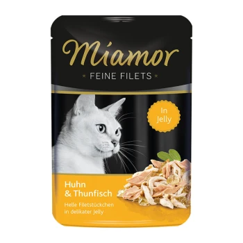 Pochette de nourriture pour chats Miamor présentant le visage d'un chat blanc, avec le texte "Huhn & Thunfish" et "In Jelly," mettant en avant des filets de poulet et de thon en gelée.