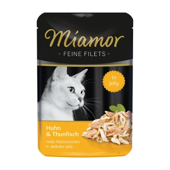 Miamor Katzenfutterbeutel mit dem Gesicht einer weißen Katze, mit dem Text 'Huhn & Thunfisch' und 'In Gelee', der Hühner- und Thunfischfilets in Gelee zeigt.