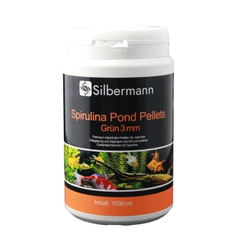 Behälter mit Silbermann Spirulina Teichpellets, 1000 ml, mit einem schwarzen Etikett und orangefarbener Schrift, ideal zur Verbesserung der Farben und des Wachstums von Fischen.