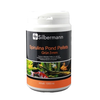 Behälter mit Silbermann Spirulina Teichpellets, 1000 ml, mit einem schwarzen Etikett und orangefarbener Schrift, ideal zur Verbesserung der Farben und des Wachstums von Fischen.