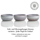 Drei einzigartige Keramik-Haustierschalen in Lila- und Grautönen mit reflektierenden Oberflächen. Text: "Farben und Muster können variieren!"