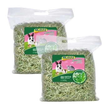 kruidenhooi 2 x 500 g Twee zakken van 500g Multifit Kräuterheu voor kleine dieren, gelabeld '100% NATUR' met afbeeldingen van een konijn, cavia en chinchilla.