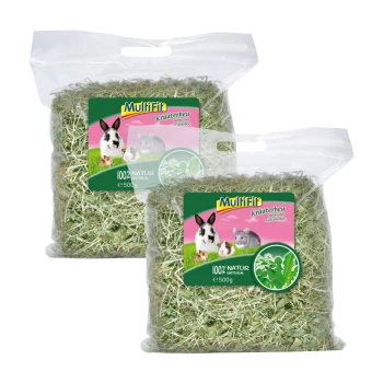 Dwie torby 500g Multifit Kräuterheu dla małych zwierząt, oznaczone '100% NATUR' z obrazkami królika, świnki morskiej i szynszyla.