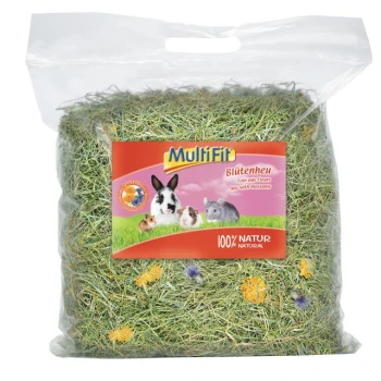 MultiFit Blütenheu Heu mit Blüten für Kleintiere, 100 % natürlich, in klarem Plastikbeutel mit Bildern von Kaninchen, Meerschweinchen, Hamster und Chinchilla.