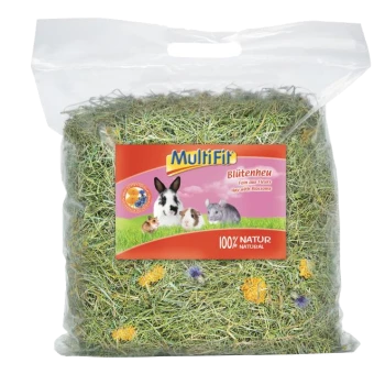 MultiFit Blütenheu Heu mit Blüten für Kleintiere, 100 % natürlich, in klarem Plastikbeutel mit Bildern von Kaninchen, Meerschweinchen, Hamster und Chinchilla.