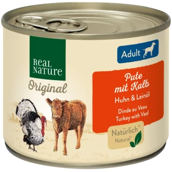 Canned pet food labeled "Real Nature Original" featuring turkey with veal, chicken, and linseed oil; includes illustrations of a turkey and cow.