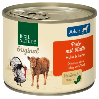 Dosen-Hundefutter mit der Aufschrift "Real Nature Original", das Truthahn mit Kalbfleisch, Huhn und Leinsamenöl enthält; mit Illustrationen eines Truthahns und einer Kuh.