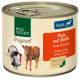 Dosen-Hundefutter mit der Aufschrift "Real Nature Original", das Truthahn mit Kalbfleisch, Huhn und Leinsamenöl enthält; mit Illustrationen eines Truthahns und einer Kuh.