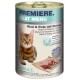 Une boîte de nourriture pour animaux "Premiere Meat Menu" avec un chat tigré, contenant du bœuf, de la dinde, des crevettes, et étiquetée sans céréales et 100% viande fraîche.