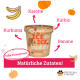 Hundeeisbehälter mit der Aufschrift „ICE ICE buddy“ mit natürlichen Zutaten: Karotte, Kürbis, Banane, Kurkuma, und Text „Natürliche Zutaten!“
