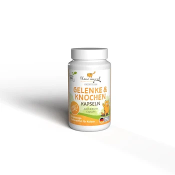 Behälter mit "Ich liebe meine Katze" Gelenk- und Knochenpräparat für Katzen, mit einem verspielten Katzenlogo und grünem Landschaftsdesign.