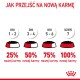 Infografika "Jak przejść na nową karmę" przedstawia 7-dniowy plan przejścia na nową karmę dla zwierząt, z miskami pokazującymi 25%, 50%, 75% i 100% nowej karmy.