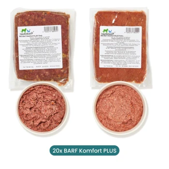 Zwei Pakete BARF Komfort PLUS Tiernahrung (Rind und Huhn) mit Schalen von rohem Fleischgemisch, gekennzeichnet mit Nährwertinformationen.
