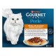 Boîte de nourriture pour chats Purina Gourmet Perle avec un chat blanc à poil long, une assiette de viande en sauce et l'étiquette «Régal de Sauces / Sauce Delight».