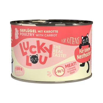 Dosen-Hundefutter mit der Aufschrift 'Lucky Lou' für Kätzchen, mit Geflügel und Karotten, 200g, hergestellt in Deutschland, mit über 96% Fleisch.