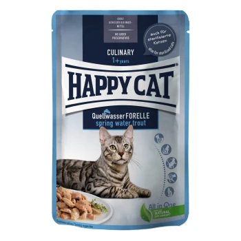 Verpackung für Katzenfutter mit einer grauen getigerten Katze, mit der Aufschrift 'Happy Cat Culinary 1+ Jahre', mit 'Quellwasserforelle' und 'ohne Zusatzstoffe'.