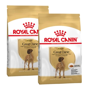 Zwei Säcke Royal Canin Hundefutter für Deutsche Doggen, gekennzeichnet mit "ADULT", mit einem Bild einer Deutschen Dogge auf der Vorderseite.
