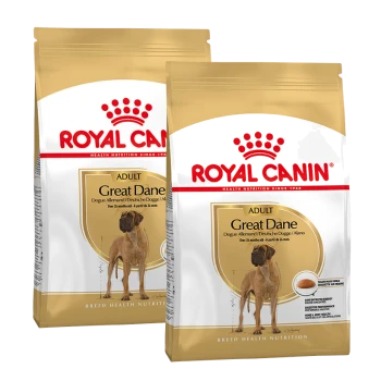 Zwei Säcke Royal Canin Hundefutter für Deutsche Doggen, gekennzeichnet mit "ADULT", mit einem Bild einer Deutschen Dogge auf der Vorderseite.