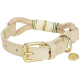 Collier pour chien en cuir crème avec accent en corde tressée, boucle et anneau en D dorés, petite médaille ronde dorée avec trois barres horizontales, aucun texte lisible.