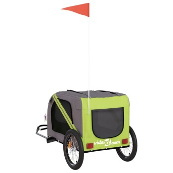 Haustieranhänger in Grau und Grün mit einer roten Fahne, mit Netzfenstern und einem Logo von vidaxl.com.