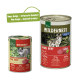 Zwei Dosen Haustierfutter: eine kleinere beschriftet mit 'Wilderness Pure Beef' (93% Fleisch) und eine größere Dose (95% Fleisch) mit einem Wolf-Bild und 'Neues Design!' Banner.