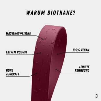 Ein wasserfester Biothane-Hundehalsband mit Tropfen, das sein veganes Material, Haltbarkeit, einfache Reinigung und Stärke zeigt.