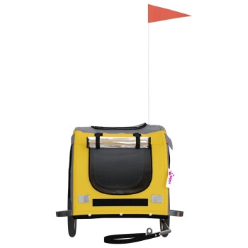 Gelber Transportkäfig für Haustiere mit einem grauen Deckel, der ein transparentes Frontpanel, eine Seitentasche und eine rote Fahne oben hat.