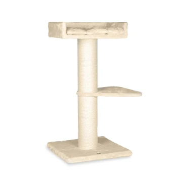 Cremefarbener Kratzbaum für Katzen mit einer oberen Plattform, einem mittleren Regal und einem mit Sisal umwickelten Kratzpfosten.