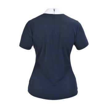 Marineblaues Polohemd mit einem weißen Kragen, mit einem Reißverschluss auf dem Rücken und kurzen Ärmeln.