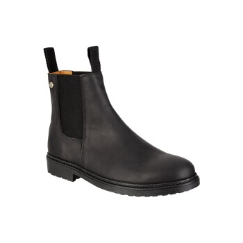Schwarze Leder Chelsea-Stiefel mit elastischen Seitenpaneelen und einer strukturierten Sohle, die ein schlankes und modernes Design zeigt.