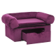 Lila Haustier-Sofa mit plüschigem Stoff, mit abgerundeten Armlehnen und einer herausziehbaren Schublade zur Aufbewahrung.
