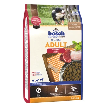 Bosch Adult Hundefutterbeutel, 3,0 kg, mit Lamm und Reis, mit 21,5 % Protein und 10,5 % Fett, geeignet für Hunde über 12 Monate.