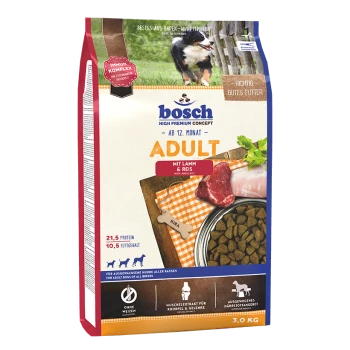 Bosch Adult Hundefutterbeutel, 3,0 kg, mit Lamm und Reis, mit 21,5 % Protein und 10,5 % Fett, geeignet für Hunde über 12 Monate.