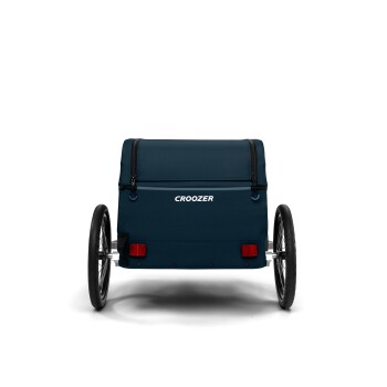 Ein blauer Haustieranhänger mit einem Reißverschluss oben und dem Markennamen 'CROOZER', der prominent auf der Rückseite angezeigt wird, mit zwei Hinterrädern.