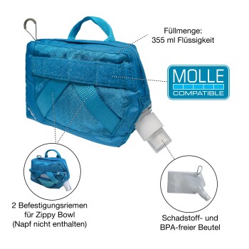 Blauer Haustierwasserbeutel mit einem Fassungsvermögen von 355 ml, mit MOLLE-Kompatibilität, einer BPA-freien Tasche und Befestigungsriemen für eine Zippy Bowl.