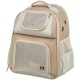 Hellbrauner Haustiertrage-Rucksack mit Netzpaneelen, mit einem oberen Griff und Seitentaschen, ideal für den Transport kleiner Haustiere.