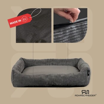 Graues Haustierbett mit einem Cordstoff, mit einem abnehmbaren Bezug und einem 'Made in EU'-Etikett. Markenlogo: Rohrschnneider.