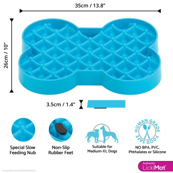 Blaues, knochenförmiges Slow-Feeder-Matte für mittelgroße bis XL-Hunde, 35x26 cm, rutschfeste Gummifüße, BPA-frei, lebensmittelecht.