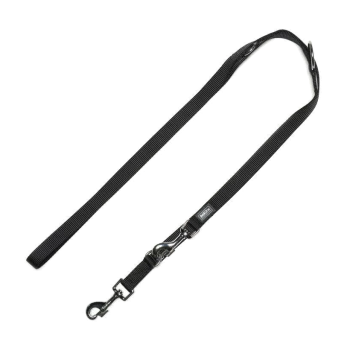 Schwarze Nylon-Hundeleine mit einem stabilen Clip und einem gepolsterten Griff, entworfen für Komfort und Langlebigkeit.